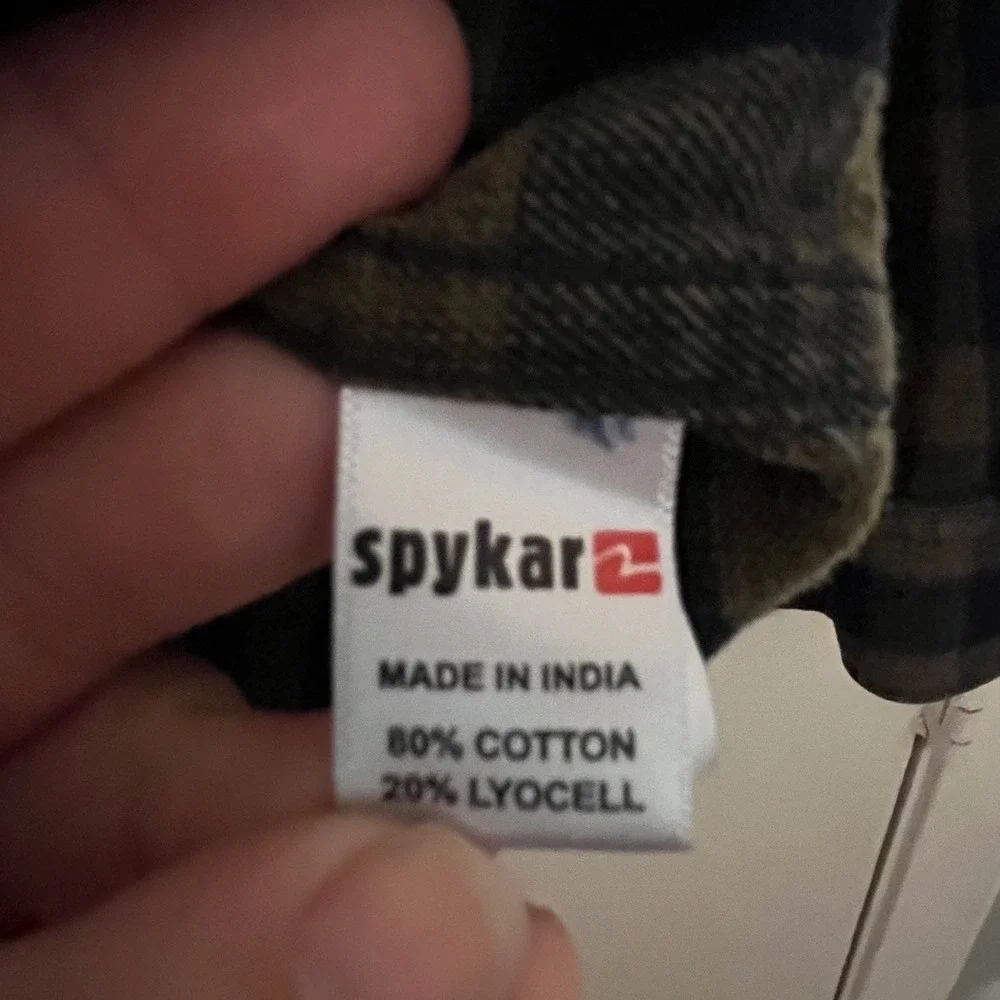 Spykar Actif Mens Medium Blue Olive Green Check Plaid Button Down Shirt Cotton